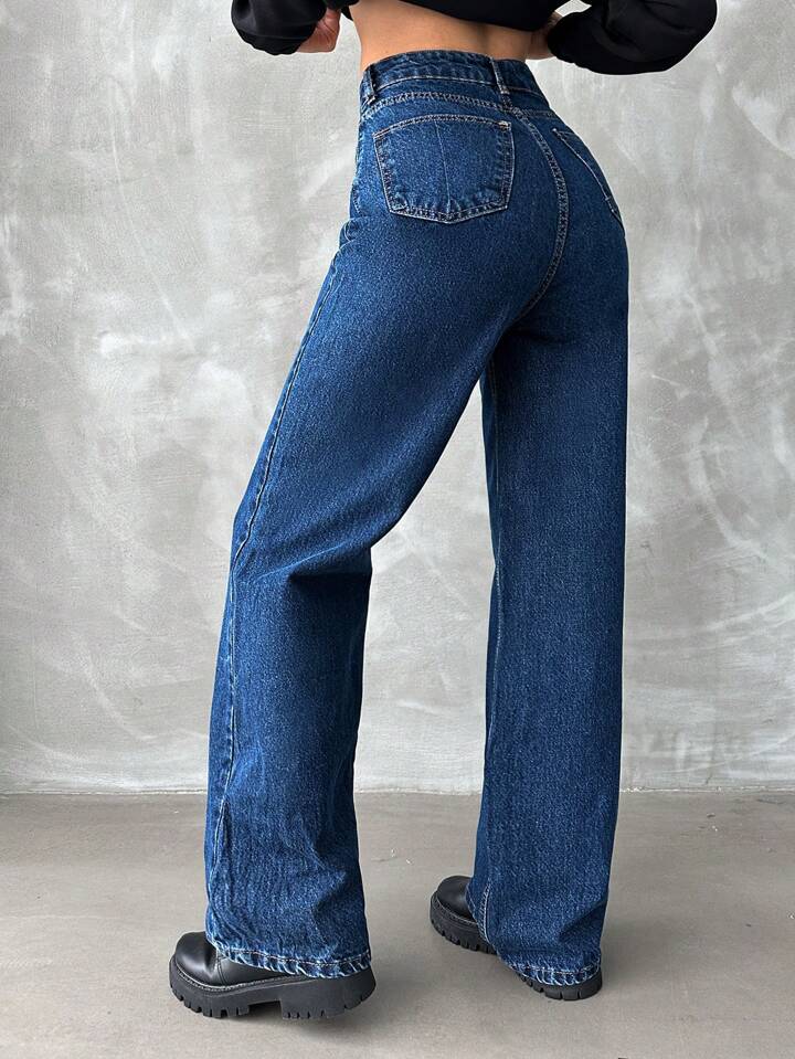 High Waist Dark Stone Blue Wide Leg Denim - Fashion Wodrobe