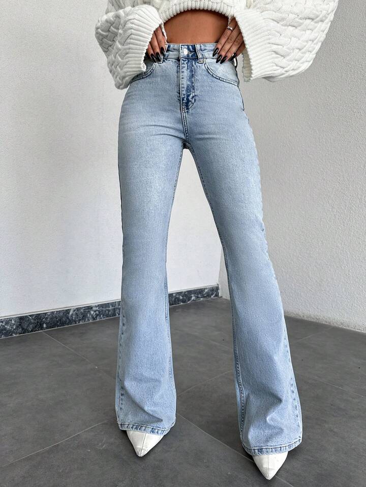 High Waist Ice Blue Boot Cut Jeans - Fashion Wodrobe