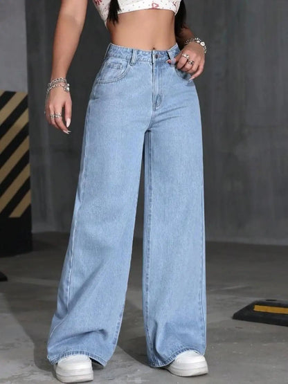 High waist ice blue ultra fit wide leg jeans - Fashion Wodrobe