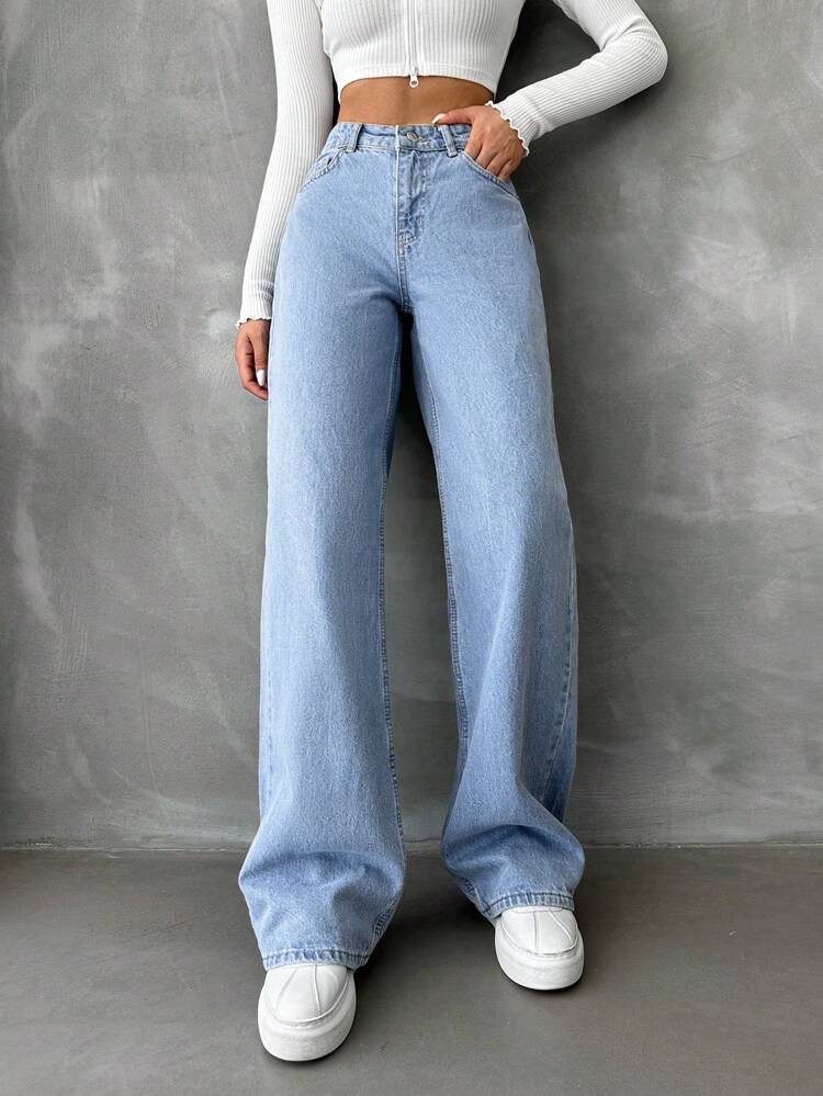 High Waist Ice Blue Wide Leg Jeans - Fashion Wodrobe