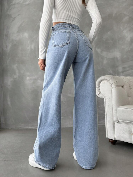 High Waist Ice Blue Wide Leg Jeans - Fashion Wodrobe