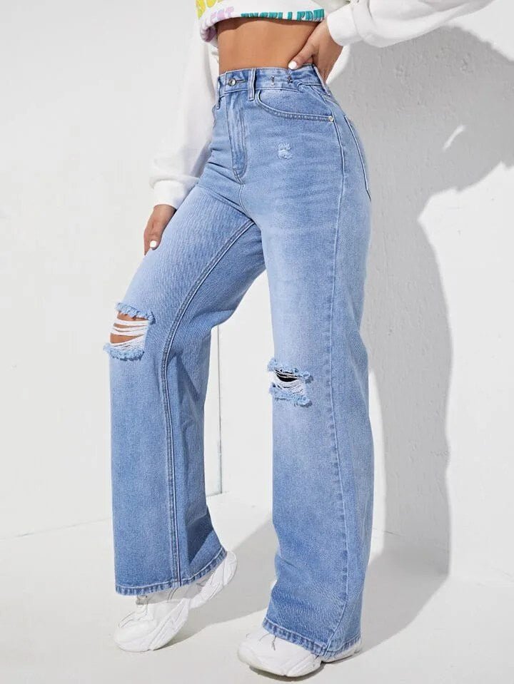 High Waist Ice Whisker Double Torn Wide Leg Jeans - Fashion Wodrobe