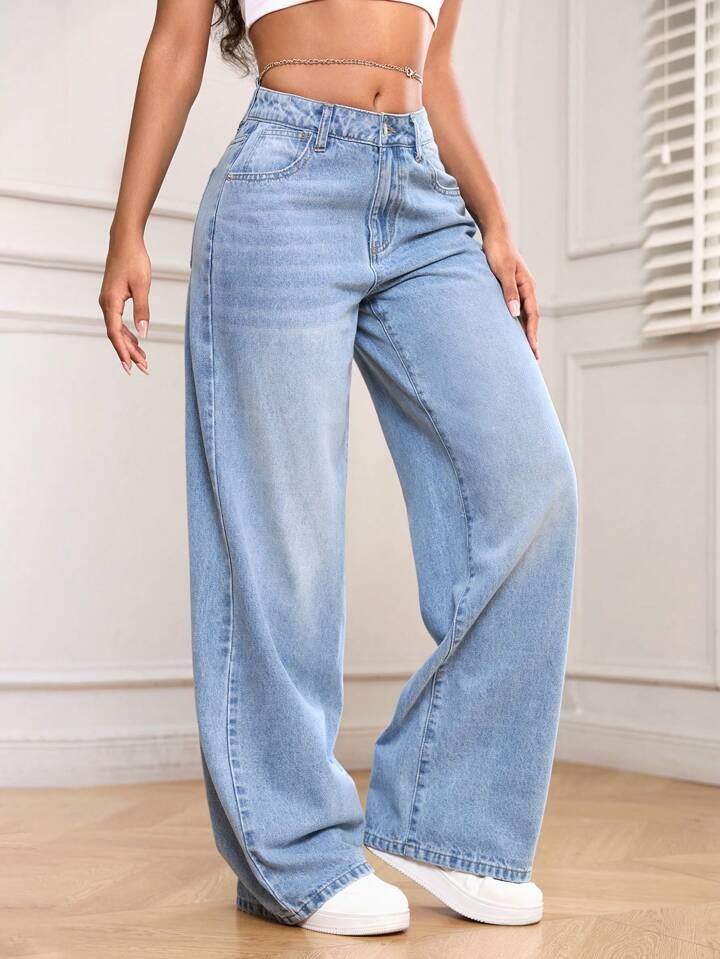 High Waist Ice Whisker Spray Wash Wide Leg Jeans - Fashion Wodrobe