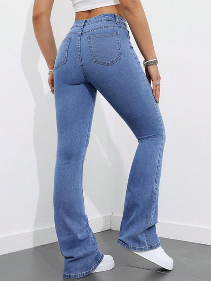 High Waist Light Stone Blue Boot Cut Jeans - Fashion Wodrobe