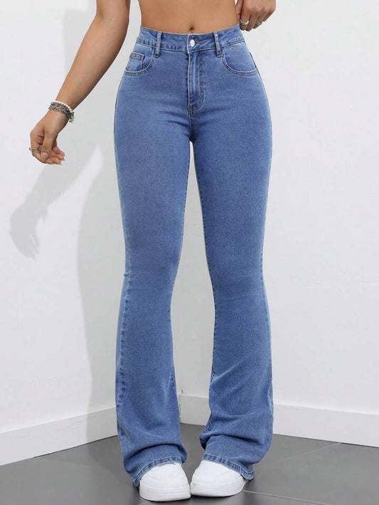 High Waist Light Stone Blue Boot Cut Jeans - Fashion Wodrobe