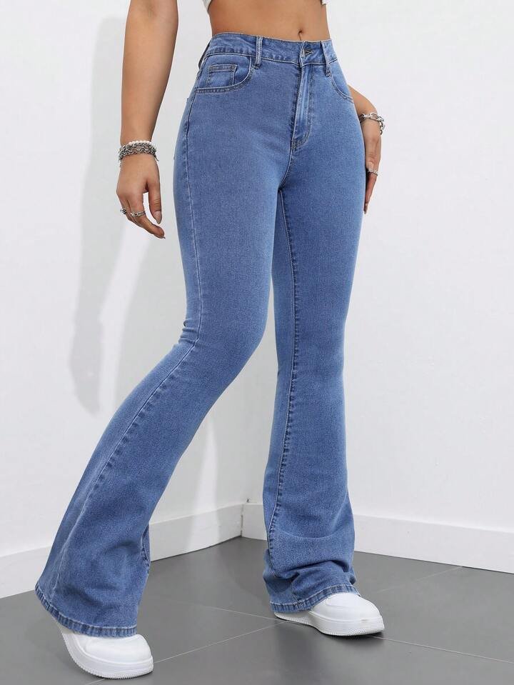 High Waist Light Stone Blue Boot Cut Jeans - Fashion Wodrobe