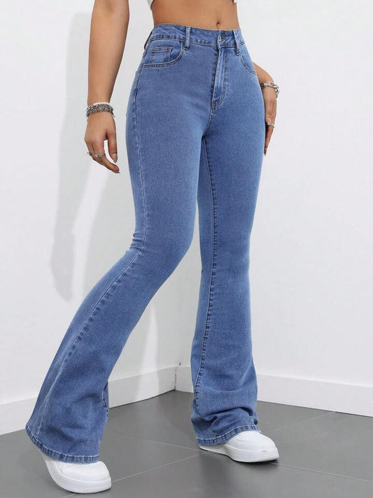 High Waist Light Stone Blue Boot Cut Jeans - Fashion Wodrobe
