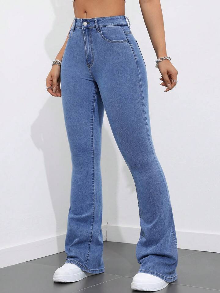 High Waist Light Stone Blue Boot Cut Jeans - Fashion Wodrobe