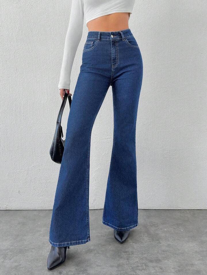 High Waist Stone Blue Boot Cut Jeans - Fashion Wodrobe
