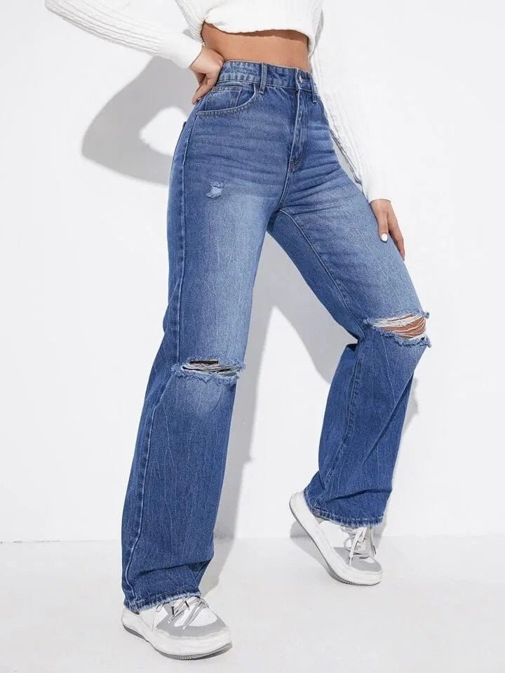 High Waist Stone Whisker Double Torn Wide Leg Jeans - Fashion Wodrobe