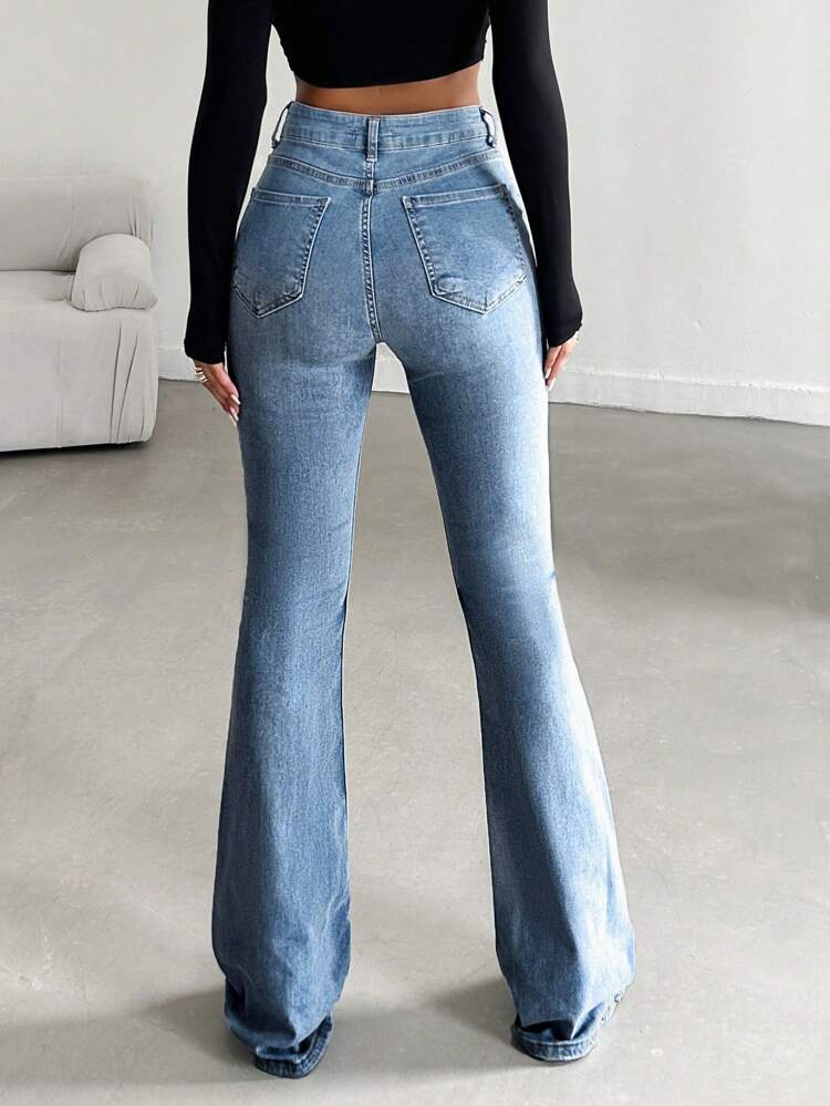 HighWaist Ice Blue Whisker Spray Boot Cut Jeans - Fashion Wodrobe