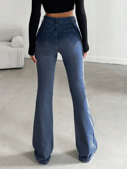 HighWaist Stone Blue Whisker Spray Boot Cut Jeans - Fashion Wodrobe