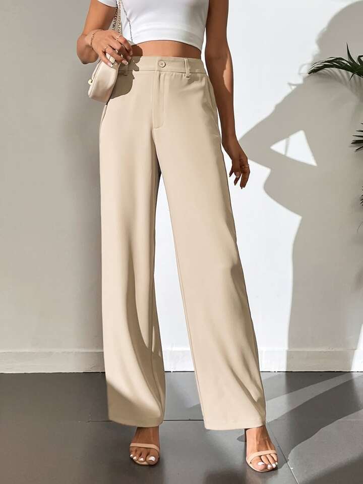Light Beige Highwaist Wide Leg Korean Pants - Fashion Wodrobe