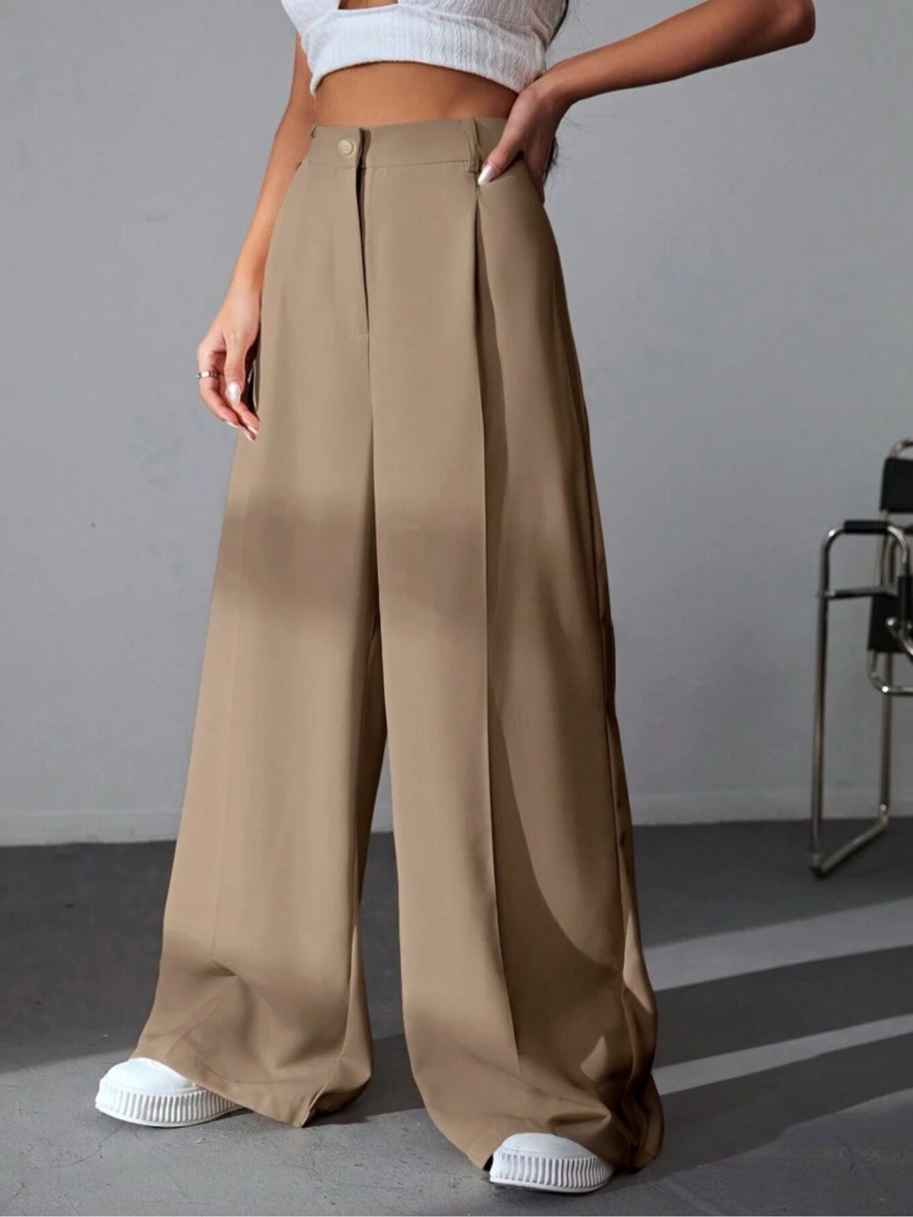 Light Camel Brown Highwaist Wide Leg Korean Pants - Fashion Wodrobe