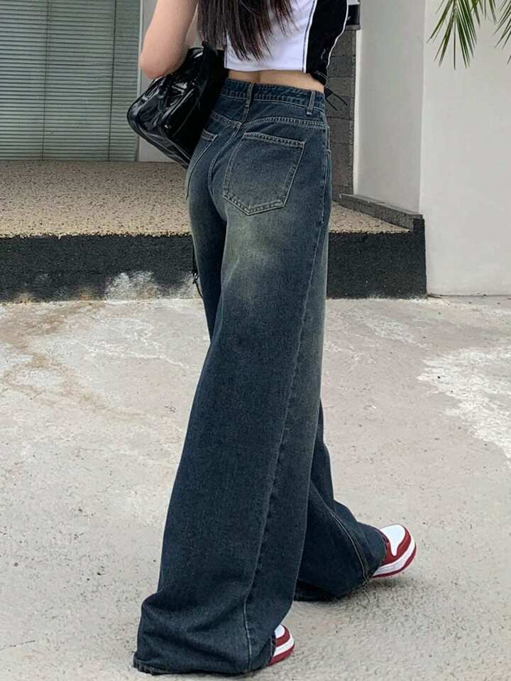 Premium Blue Vintage Wash Super Wide Leg Jeans - Fashion Wodrobe