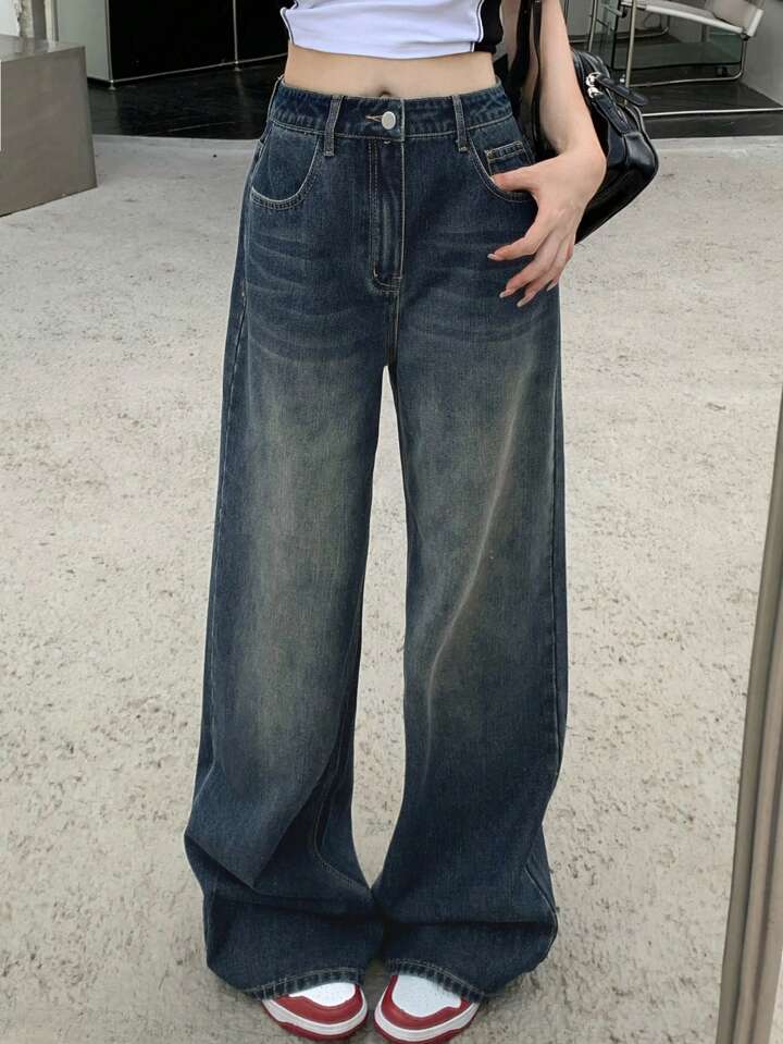Premium Blue Vintage Wash Super Wide Leg Jeans - Fashion Wodrobe