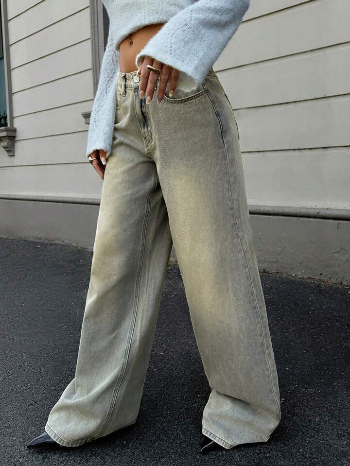 Sea Green Vintage Wash Highwaist Super Wide Leg Jeans - Fashion Wodrobe