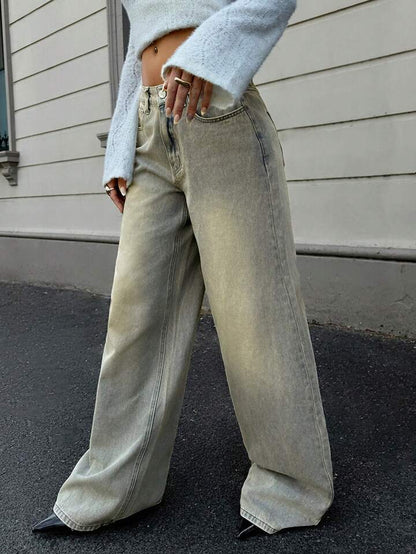 Sea Green Vintage Wash Highwaist Super Wide Leg Jeans - Fashion Wodrobe