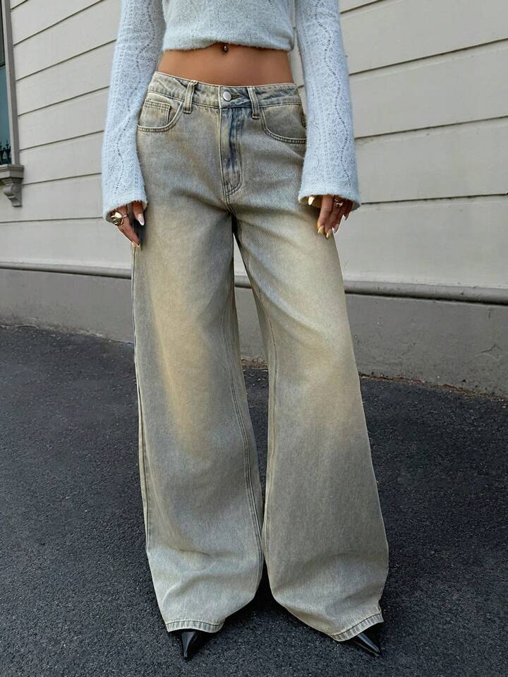 Sea Green Vintage Wash Highwaist Super Wide Leg Jeans - Fashion Wodrobe
