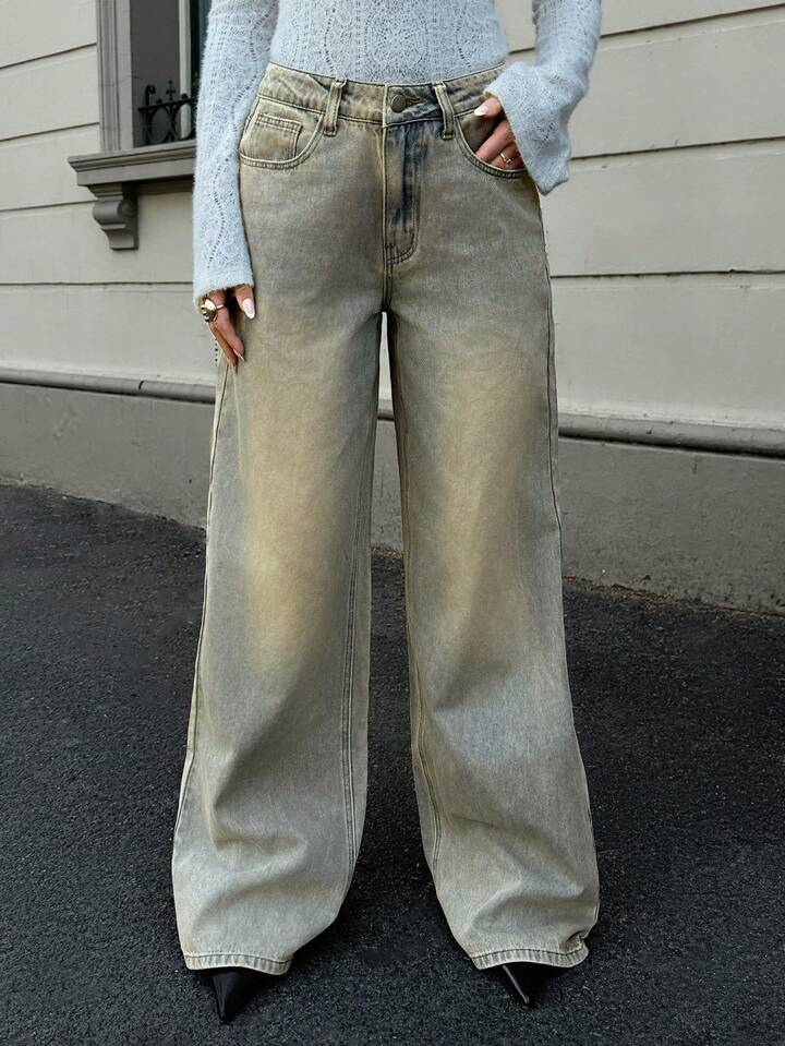 Sea Green Vintage Wash Highwaist Super Wide Leg Jeans - Fashion Wodrobe