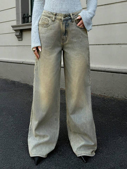 Sea Green Vintage Wash Highwaist Super Wide Leg Jeans - Fashion Wodrobe
