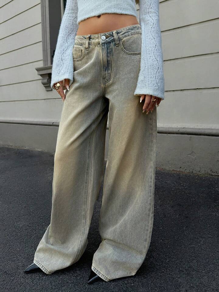 Sea Green Vintage Wash Highwaist Super Wide Leg Jeans - Fashion Wodrobe