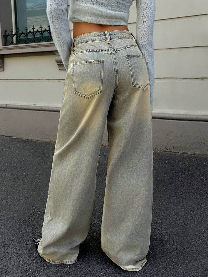 Sea Green Vintage Wash Highwaist Super Wide Leg Jeans - Fashion Wodrobe