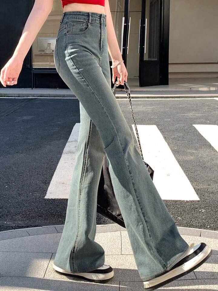 Sea Green Whisker Wash Highwaist Boot Cut Jeans - Fashion Wodrobe