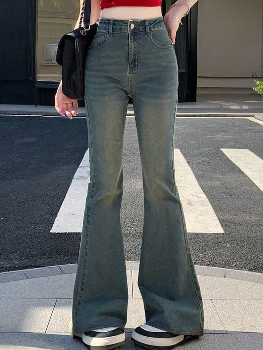 Sea Green Whisker Wash Highwaist Boot Cut Jeans - Fashion Wodrobe