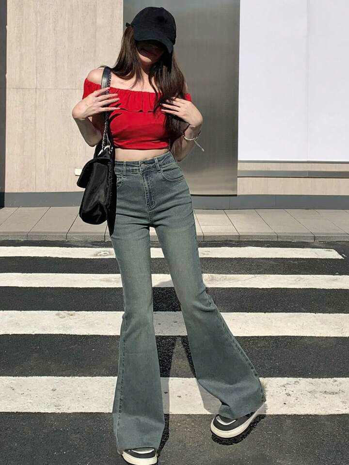 Sea Green Whisker Wash Highwaist Boot Cut Jeans - Fashion Wodrobe