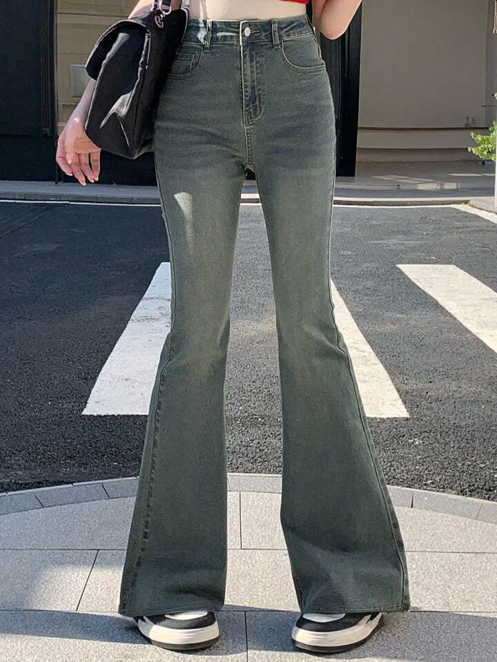 Sea Green Whisker Wash Highwaist Boot Cut Jeans - Fashion Wodrobe