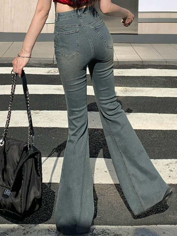 Sea Green Whisker Wash Highwaist Boot Cut Jeans - Fashion Wodrobe