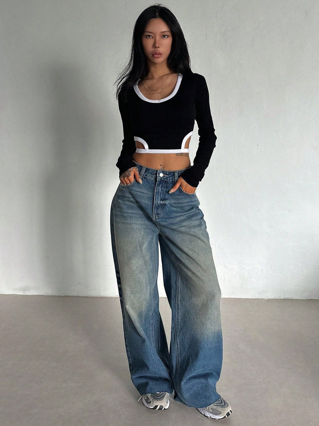 Stale Blue Tinted High Waist Super Wide Leg Jeans - Fashion Wodrobe