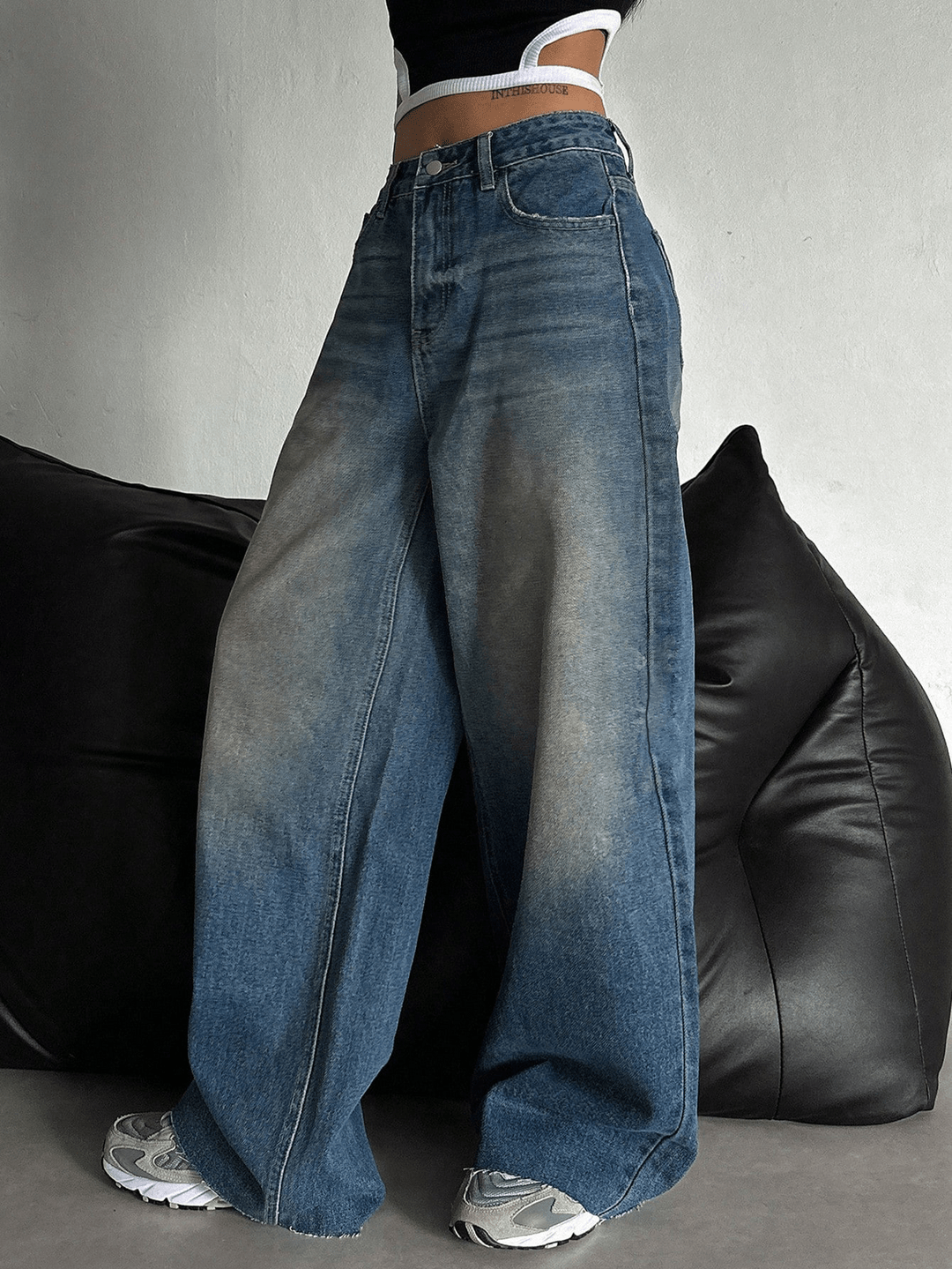Stale Blue Tinted High Waist Super Wide Leg Jeans - Fashion Wodrobe