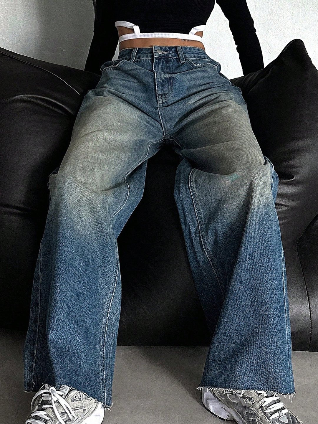 Stale Blue Tinted High Waist Super Wide Leg Jeans - Fashion Wodrobe