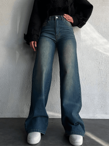 Vintage Whisker Wash High Waist Super Wide Leg Jeans - Fashion Wodrobe