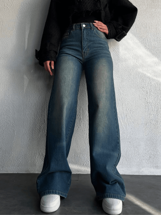 Vintage Whisker Wash High Waist Super Wide Leg Jeans - Fashion Wodrobe