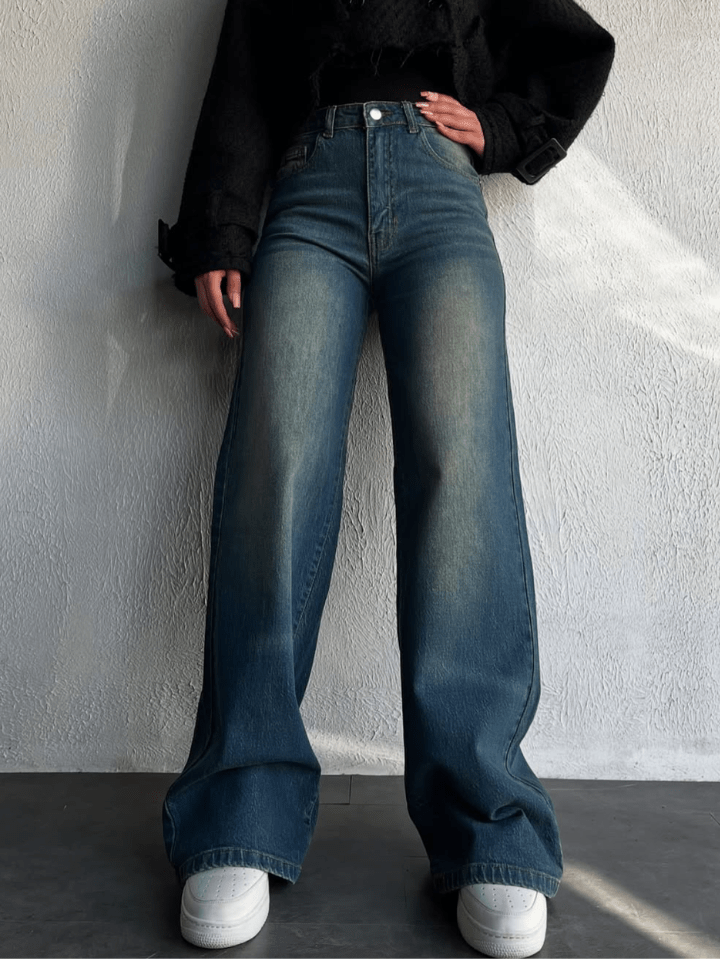 Vintage Whisker Wash High Waist Super Wide Leg Jeans - Fashion Wodrobe