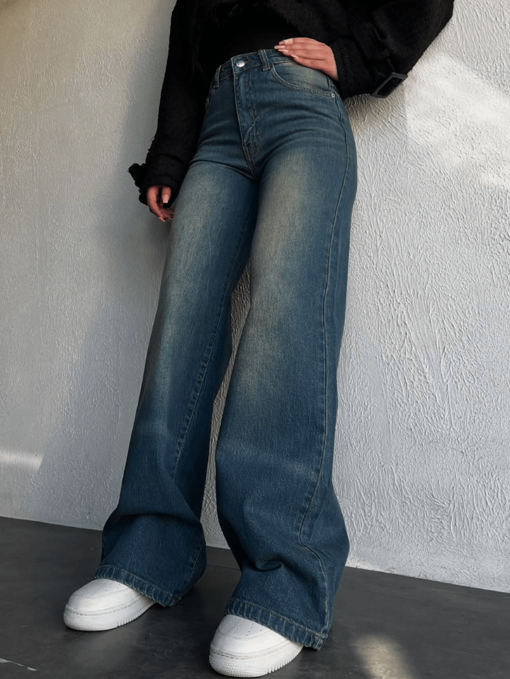 Vintage Whisker Wash High Waist Super Wide Leg Jeans - Fashion Wodrobe