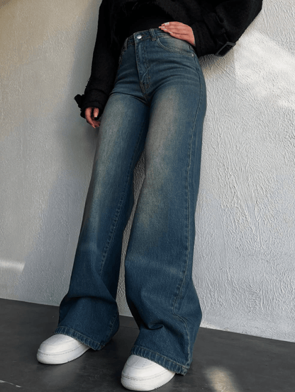 Vintage Whisker Wash High Waist Super Wide Leg Jeans - Fashion Wodrobe