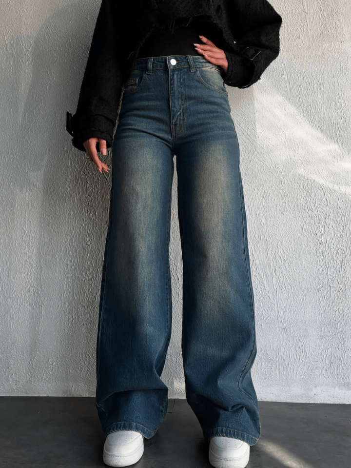 Vintage Whisker Wash High Waist Super Wide Leg Jeans - Fashion Wodrobe