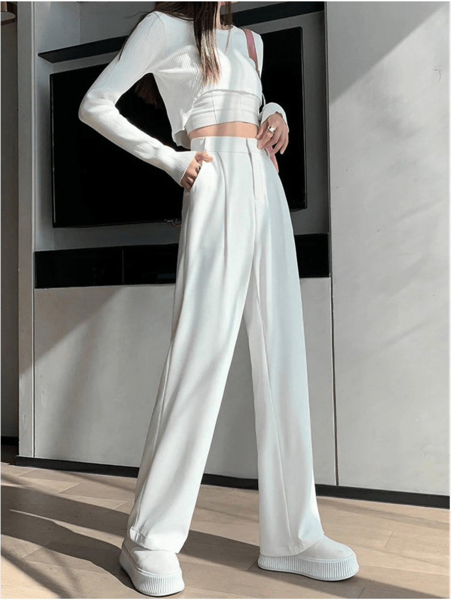 White Highwaist Wide Leg Korean Pants - Fashion Wodrobe