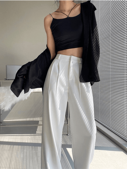 White Highwaist Wide Leg Korean Pants - Fashion Wodrobe