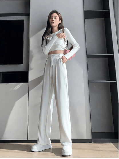 White Highwaist Wide Leg Korean Pants - Fashion Wodrobe